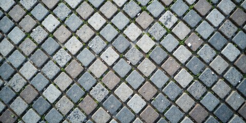 Poster - A Detailed Close-Up View of a Patterned Pavement Featuring Interlocking Stone Blocks with Emerging Green Plants