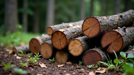 Aufkleber - A stack of freshly cut tree logs rests on the forest floor, surrounded by sprouting seedlings, symbolizing the cycle of life and the sustainable use of natural resources.