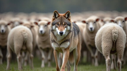 Wolf in Flock of Sheep Pretending to Be One of Them, Impostor, Disguise, Mask