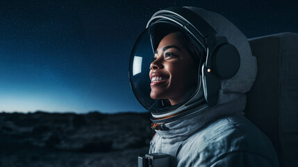 Wall Mural - side profile portrait of young female African American astronaut looking at a starry sky