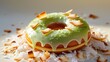 © Lamia - A vibrant lime-glazed doughnut sits atop toasted coconut flakes, with coconut shards scattered around, set against a warm, creamy white background, evoking a sunny tropical morning.