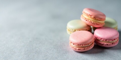 Poster - A Delicate Arrangement of Pastel Macarons on a Smooth Surface
