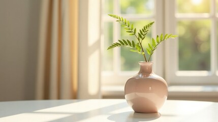 Aufkleber - Sunlight Illuminates a Delicate Sprig of Green Leaves in a Pale Pink Vase on a Brightly Lit Table