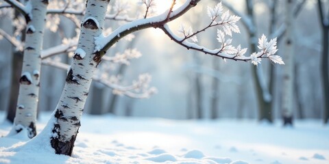 Aufkleber - Winter Wonderland A Serene Snow-Covered Birch Tree Branch Basking in the Gentle Glow of Sunlight