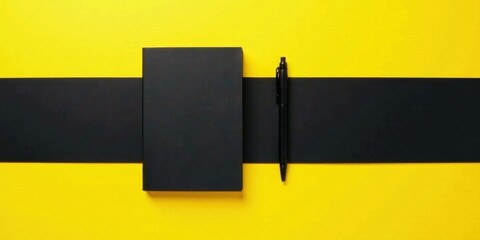 Poster - A sleek black notebook and pen rest on a vibrant yellow surface, accented by a bold black stripe, creating a striking contrast and a minimalist composition.