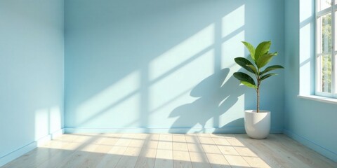 Poster - Serene Room Interior with Sunlight Streaming Through Window and Plant in Corner