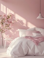 Canvas Print - Cozy bedroom with pink walls and floral decor