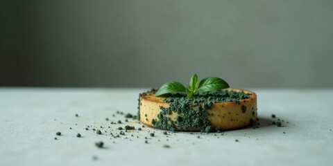 Poster - A Delicate Pastry Decorated with Green Garnish and Crumbs on a Light Surface