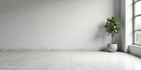 Aufkleber - A minimalist interior scene featuring a single potted plant near a window in a room with a neutral color palette and concrete flooring.