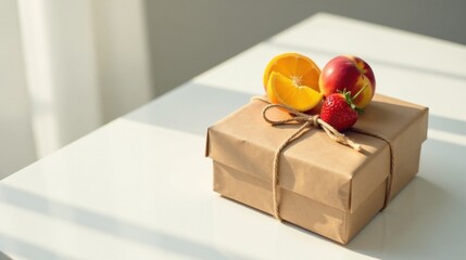Poster - A thoughtfully wrapped gift box adorned with vibrant summer fruits, including juicy orange slices, a ripe peach, and a luscious strawberry, bathed in soft sunlight on a pristine white surface.