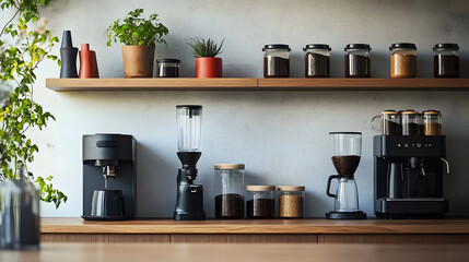 Wall Mural - A stylish coffee corner in a modern kitchen, with shelves filled with coffee-related accessories