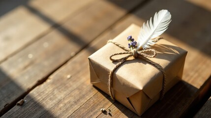 Aufkleber - A thoughtfully wrapped gift, adorned with a delicate feather and lavender sprig, rests on a sun-drenched wooden surface.