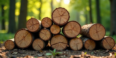 Aufkleber - Stack of neatly arranged wood logs in a sunlit forest setting