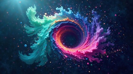 Leinwandbilder - Vibrant swirling vortex of colorful liquid paint creating a mesmerizing cosmic nebula effect with sparkling particles in a dark background