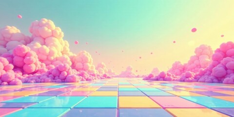 Poster - Pastel Dreamscape A Serene Path Through Fluffy Clouds and a Checkered Floor of Vivid Hues