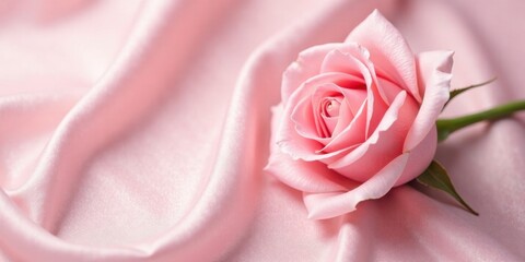 Poster - A delicate pink rose gracefully rests on a soft, flowing pink silk fabric, creating a serene and elegant visual