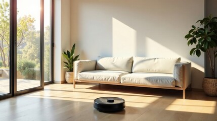 Poster - Modern minimalist living room featuring a light-colored sofa and automated floor cleaning device enjoying sunlight streaming through large windows