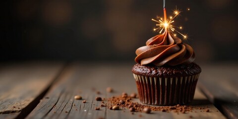 Poster - A single decadent chocolate cupcake adorned with a celebratory sparkler, resting on a rustic wooden surface, sprinkled with cocoa powder.