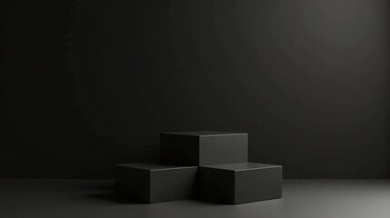 Fototapete - Dark Minimalist Product Display with Three Black Cubes on a Dark Surface