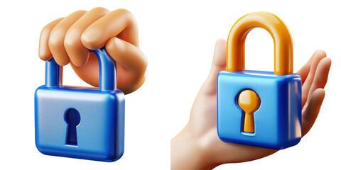 Poster - security protection Support hand with Lock icon 3d cartoon style illustration