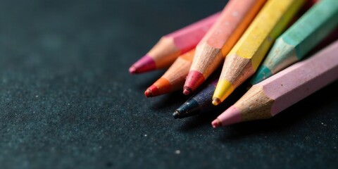 Poster - A Close-Up View of Well-Used Colorful Pencils on a Dark Surface