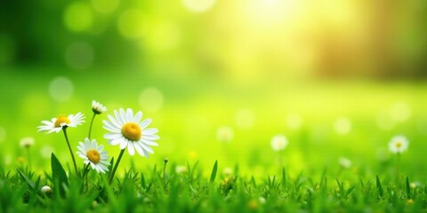 Aufkleber - Serene Meadow Three Daisies Basking in Golden Sunlight Amidst Lush Green Grass