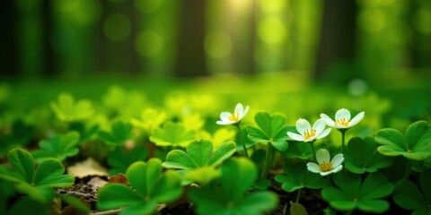Aufkleber - Serene Springtime Bloom Delicate white flowers nestled amongst vibrant green clover leaves, bathed in soft sunlight filtering through a lush forest.