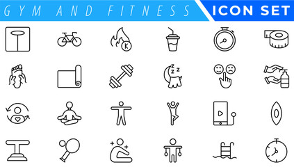 Poster - Gym and fitness icon set. Containing healthy lifestyle, weight training, body care and workout or exercise equipment icons. Solid icons vector collection.