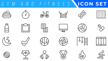 Poster - Gym and fitness icon set. Containing healthy lifestyle, weight training, body care and workout or exercise equipment icons. Solid icons vector collection.