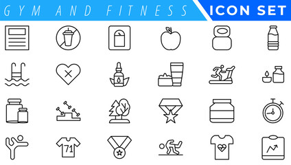 Poster - Gym and fitness icon set. Containing healthy lifestyle, weight training, body care and workout or exercise equipment icons. Solid icons vector collection.