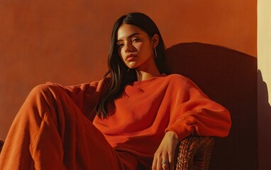 Wall Mural - A woman reclining in a chair, one arm draped over the backrest, dressed in a loose, oversized sweater and joggers, set against a warm terracotta-colored background 