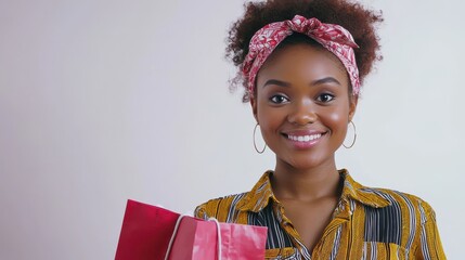 Wall Mural - A young woman holding a shopping bag, smiling and looking directly at the camera, on a white isolated background