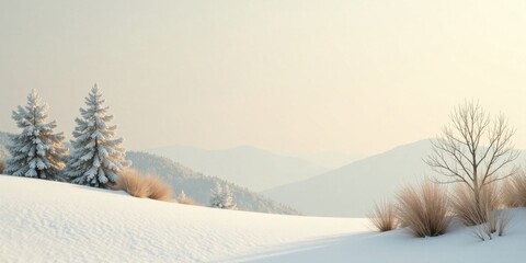 Poster - Serene Winter Landscape Snow-Covered Evergreens and Dormant Brush Against a Misty Mountain Range