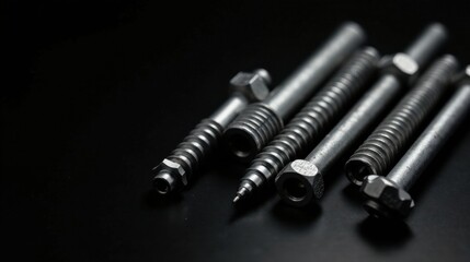 Poster - Close-up of metallic threaded fasteners arranged on a dark surface