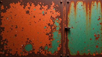 Poster - A weathered metallic surface displays a captivating blend of rust-orange and verdigris-green hues, showcasing the passage of time and the effects of natural corrosion on a metal panel.