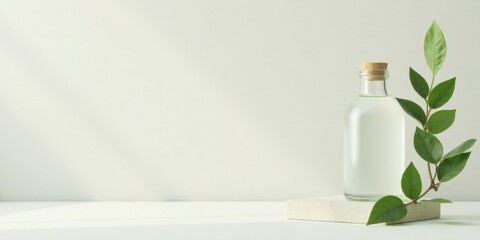 Aufkleber - Serene Minimalist Product Display A Clear Glass Bottle with Cork Stopper, Resting on a White Platform, Adorned with Lush Green Foliage Against a Soft White Background