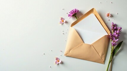 Aufkleber - A light peach envelope with a blank card, adorned by delicate pink and purple blossoms, rests on a pristine white surface.