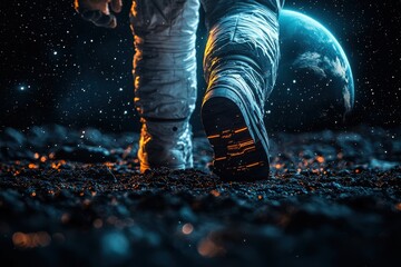 Wall Mural - astronaut walking on extraterrestrial surface with earth in the background