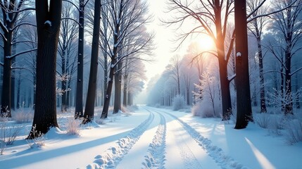 Poster - Serene Winter Wonderland A sunlit path through a snow-covered forest, tire tracks in pristine snow, frost-covered trees, and a breathtaking sunrise