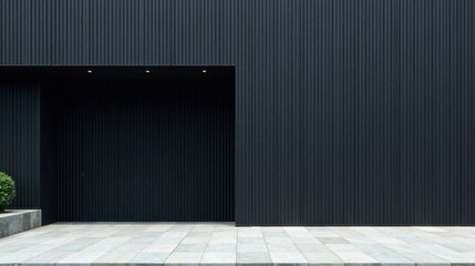 Poster - Dark Exterior Architectural Detail Modern Building Facade with Recessed Entrance and Stone Paving