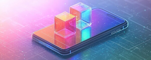 Poster - Abstract cubes floating above a smartphone against a digital glowing backdrop