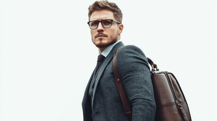 Wall Mural - A man with a briefcase, walking confidently down the street, wearing a suit and looking determined, on a white isolated background