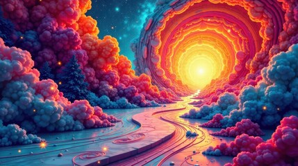 Aufkleber - A Serene Pathway Through a Whimsical Dreamscape of Colorful Clouds and Glowing Lights Leading to a Radiant Celestial Portal