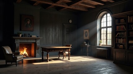 Poster - A sunlit study with a fireplace, antique writing desk, and a bookcase filled with leather-bound volumes, exuding a sense of quiet contemplation and scholarly pursuits.