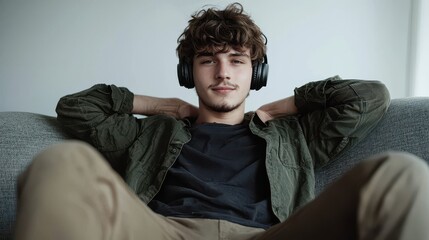 Wall Mural - A young man with headphones, sitting on a sofa and enjoying music with a relaxed expression,