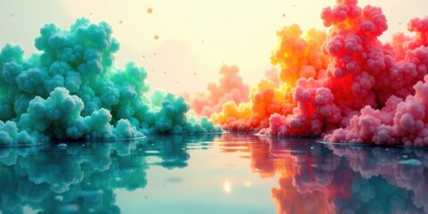 Poster - Dreamlike Seascape of Colorful Puffy Clouds Reflected in Calm Waters at Sunset