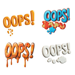 Poster - The image shows four different 3D renderings of the word Oops each with a unique texture and color scheme.