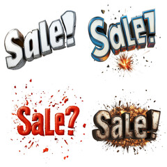 Poster - Four 3D rendered variations of the word Sale with different explosive effects for advertising purposes.