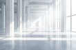 © malayeka - Sunlit minimalist concrete hallway with columns and large windows.
