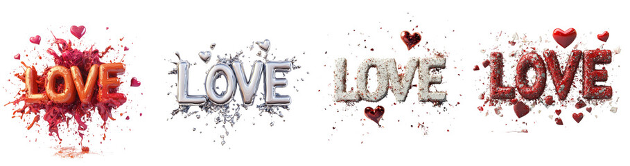 Aufkleber - A digital image showcasing the word LOVE in four different styles each surrounded by a splash effect and hearts.